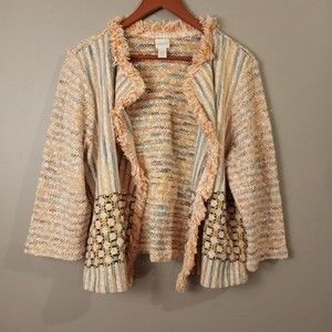 Chico's Womens Size 3 Multicolor Woven Fringe Open Front Light Jacket
